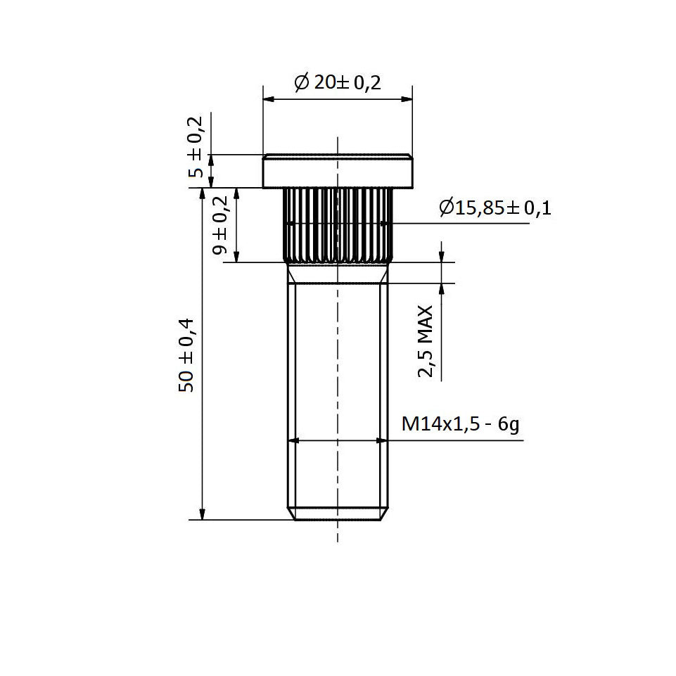 M14x1,5 Radbolzen – 15,85 mm Spline (kurz, 50 mm)