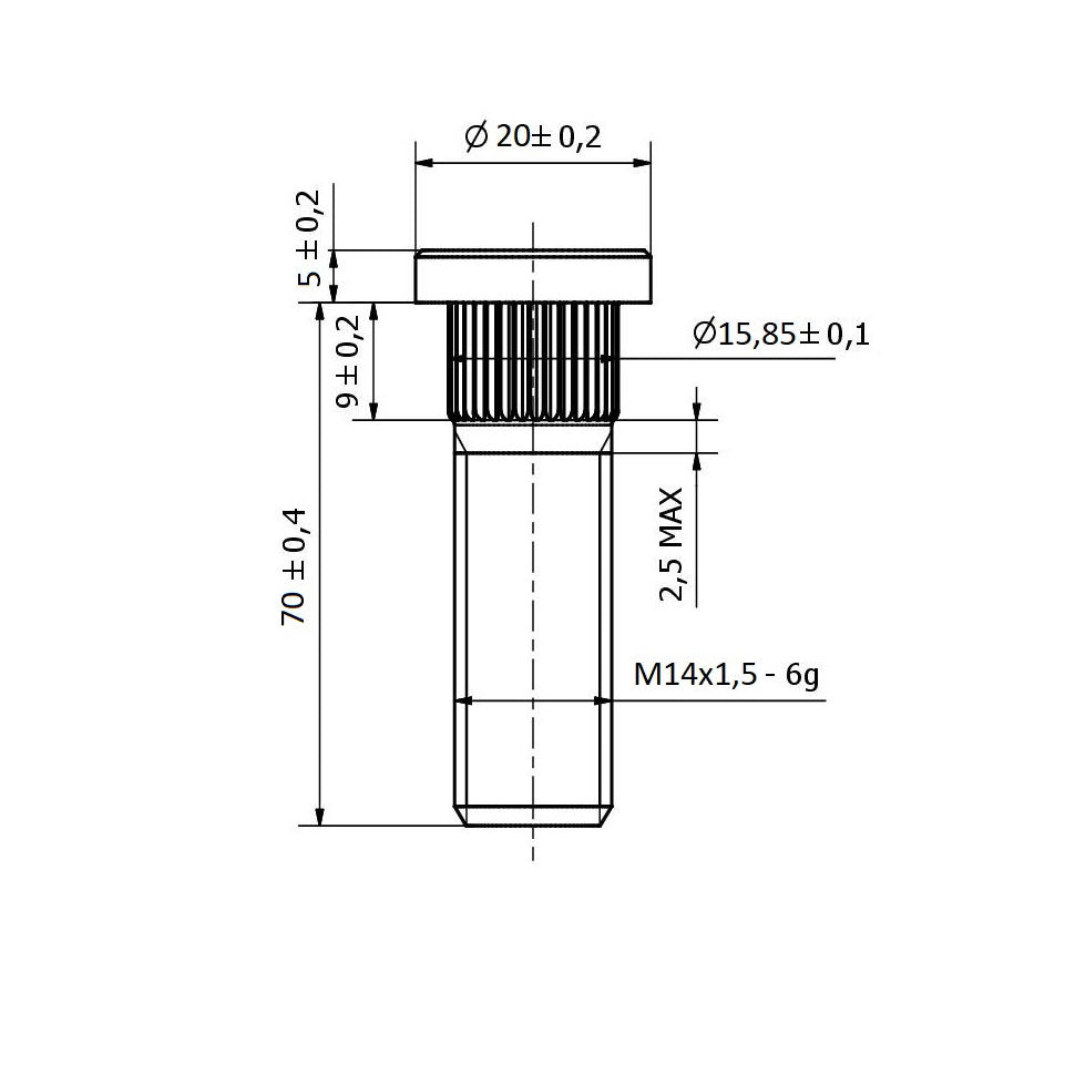 M14x1.5 Wheel Stud - 15.85 mm Spline (Long, 70 mm)